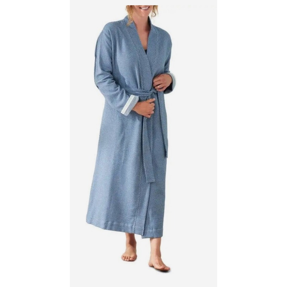 Coyuchi Robe Women XS/S Blue Organic Cotton Diamond Weave Belted Bathrobe